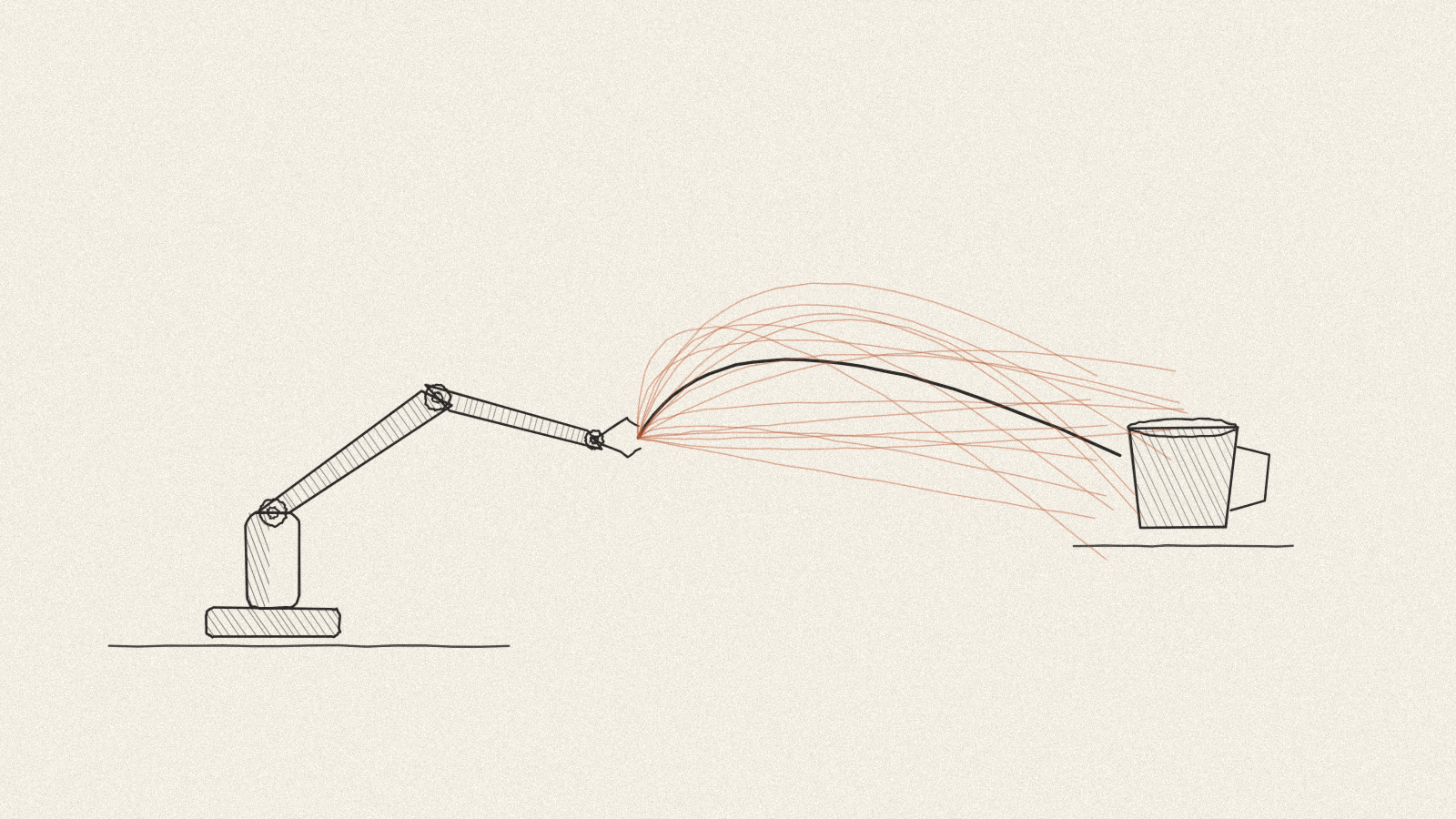 Pen-and-ink drawing of a robot arm reaching toward a cup along one planned path and many possible learned trajectories.