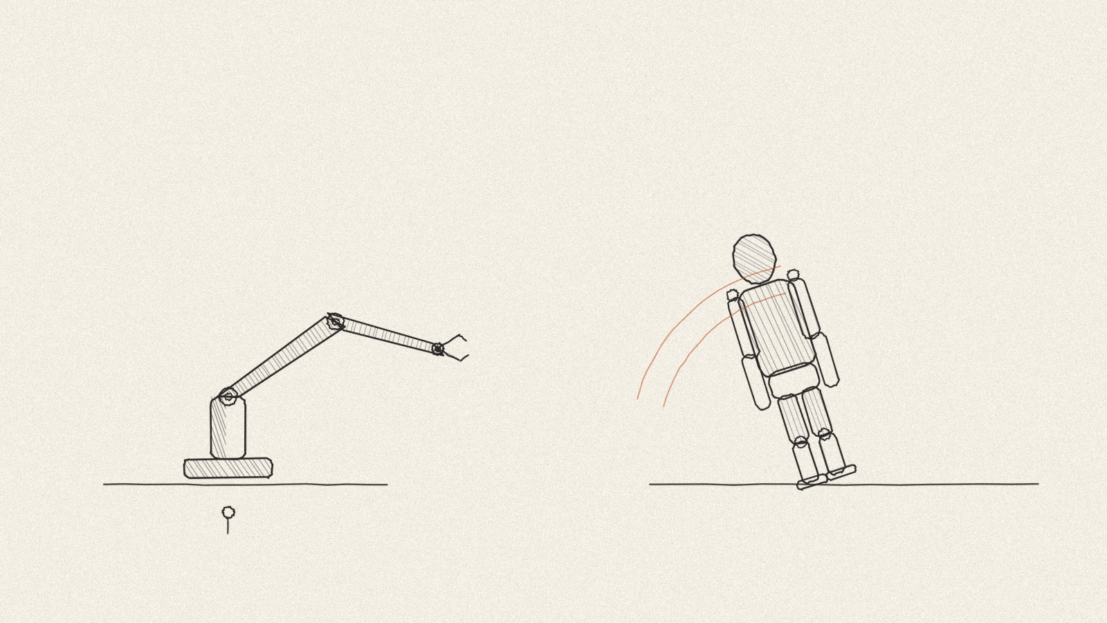 Pen-and-ink drawing comparing a stopped industrial arm with a dynamically balancing humanoid robot.